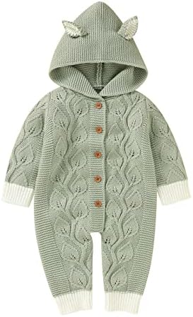 Cute Newborn Boys Winter Fox Ears ROMPER Tree Knitted Jumpsuit Green