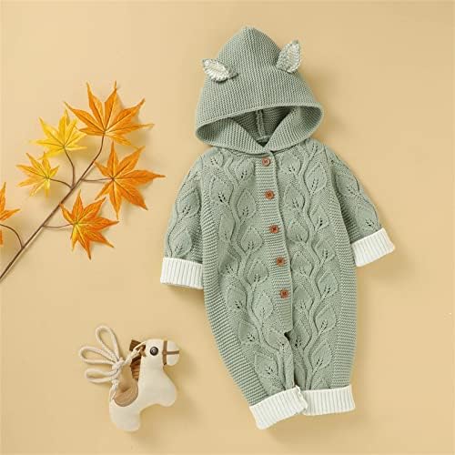 Cute Newborn Boys Winter Fox Ears ROMPER Tree Knitted Jumpsuit Green