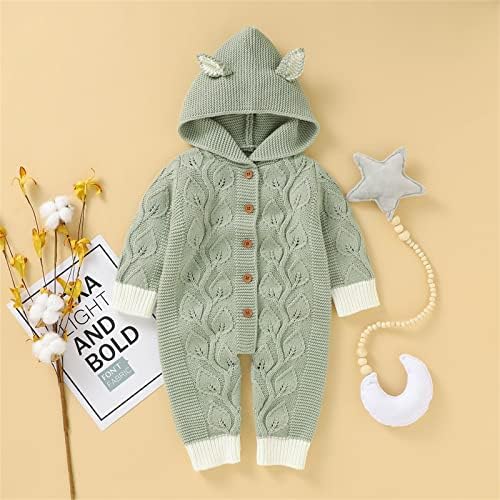 Cute Newborn Boys Winter Fox Ears ROMPER Tree Knitted Jumpsuit Green