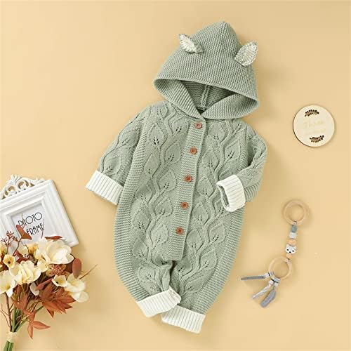 Cute Newborn Boys Winter Fox Ears ROMPER Tree Knitted Jumpsuit Green