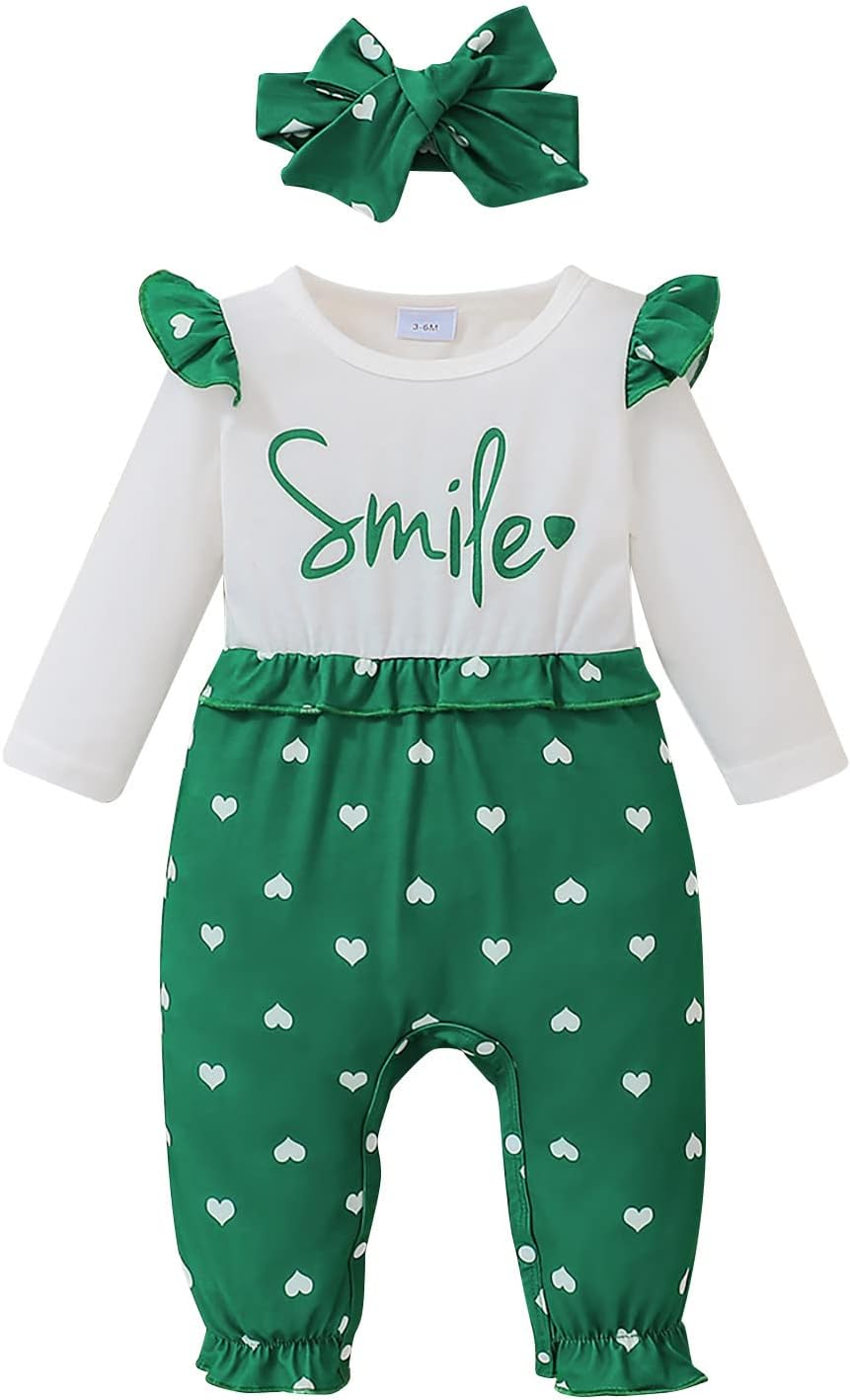 Infant Toddler Girls Long Sleeve Romper with Love Prints and Headband Costume