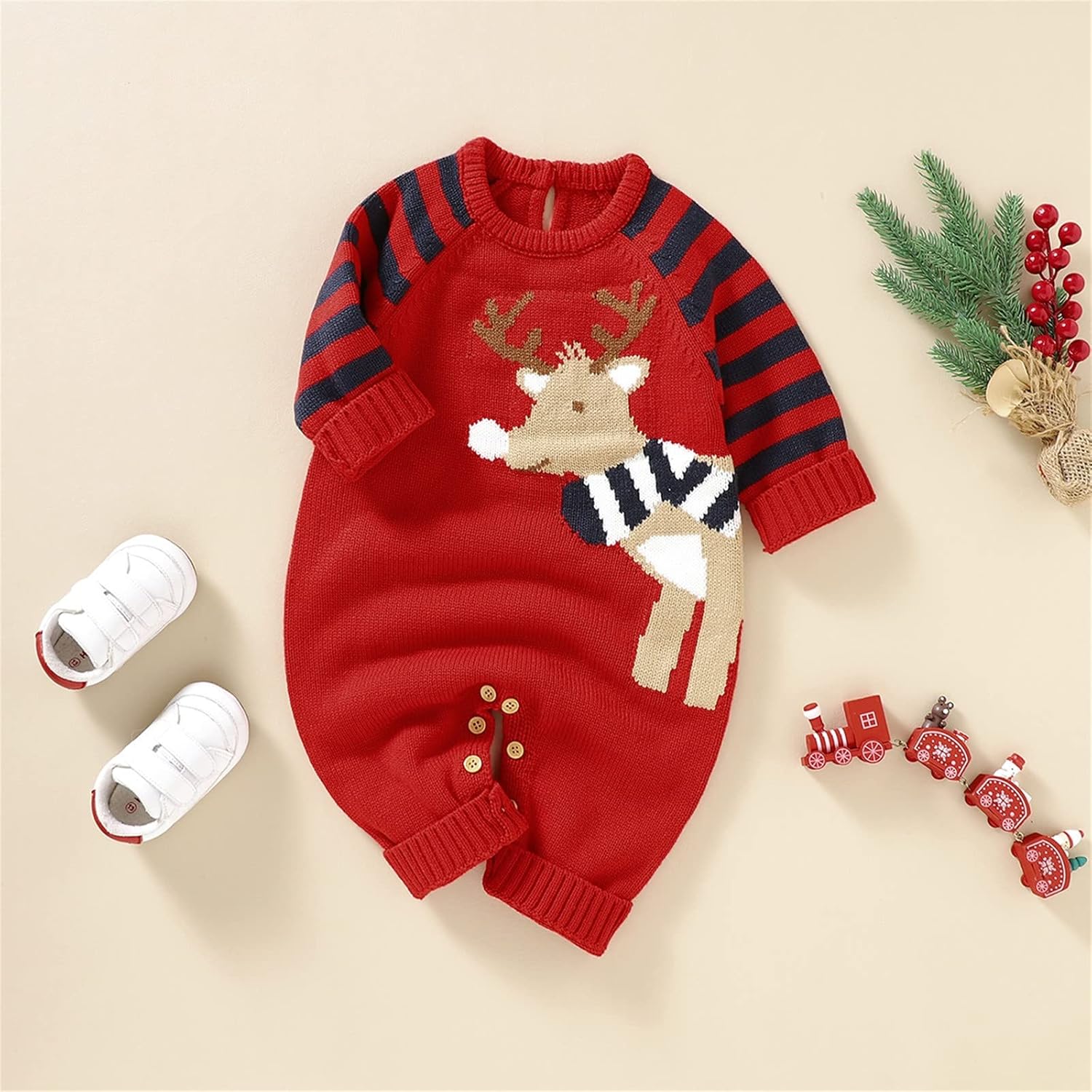 Thick Knitted Christmas Romper for Boys Deer Design 6-9 Months
