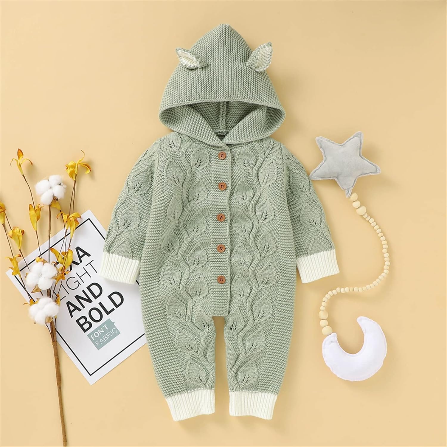 Cute Newborn Boys Winter Fox Ears ROMPER Tree Knitted Jumpsuit Green