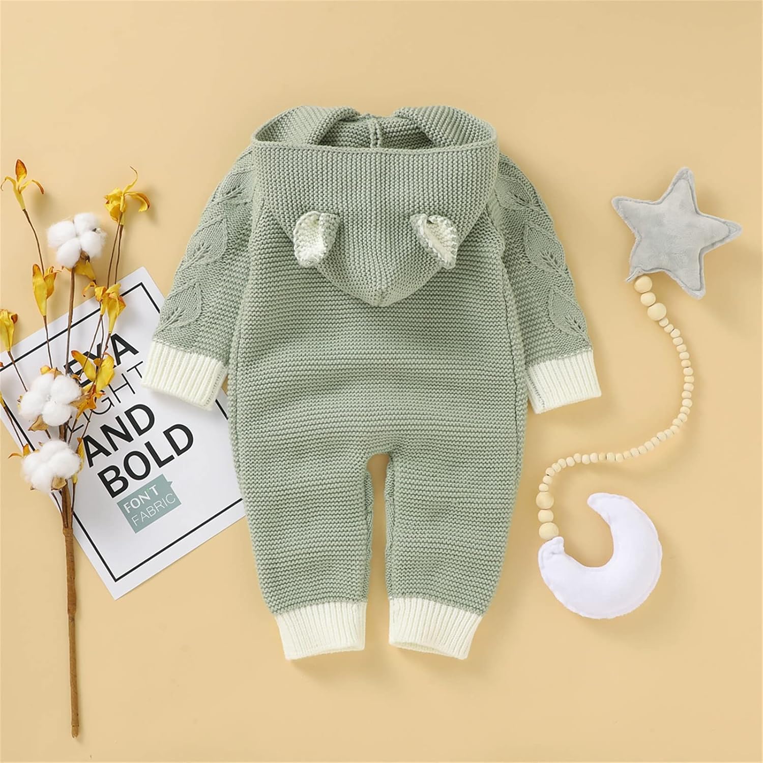 Cute Newborn Boys Winter Fox Ears ROMPER Tree Knitted Jumpsuit Green