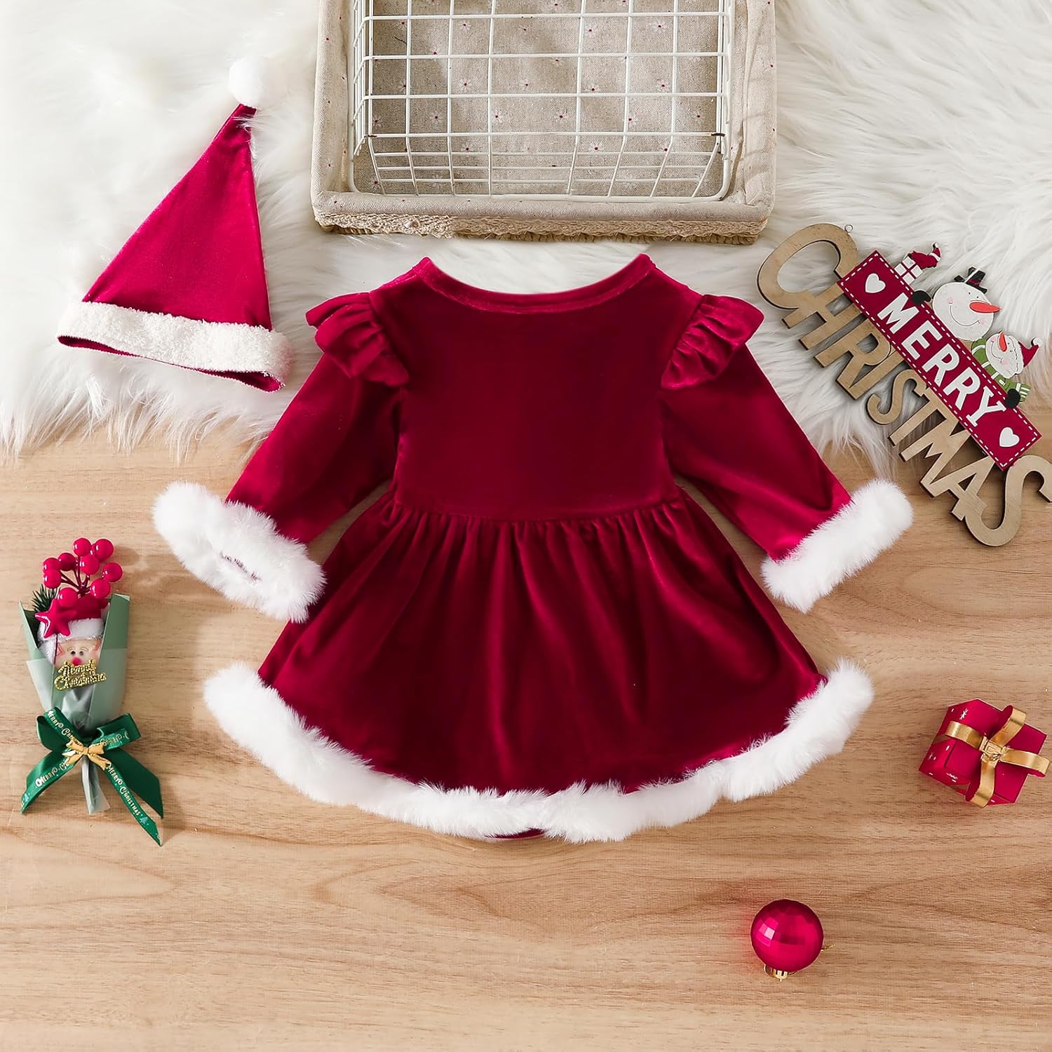 Baby Girl Christmas Romper Dress with Fur Trim