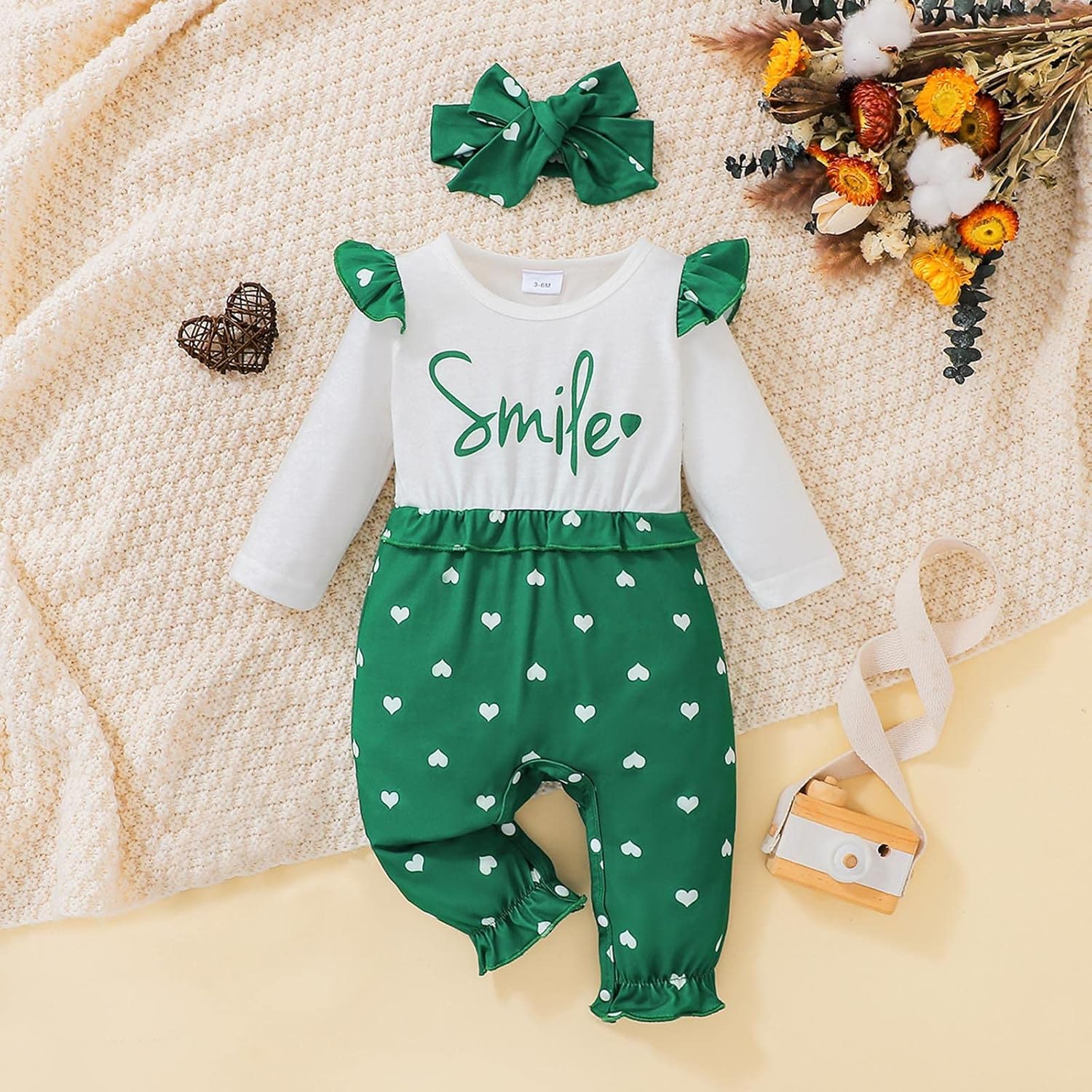 Infant Toddler Girls Long Sleeve Romper with Love Prints and Headband Costume