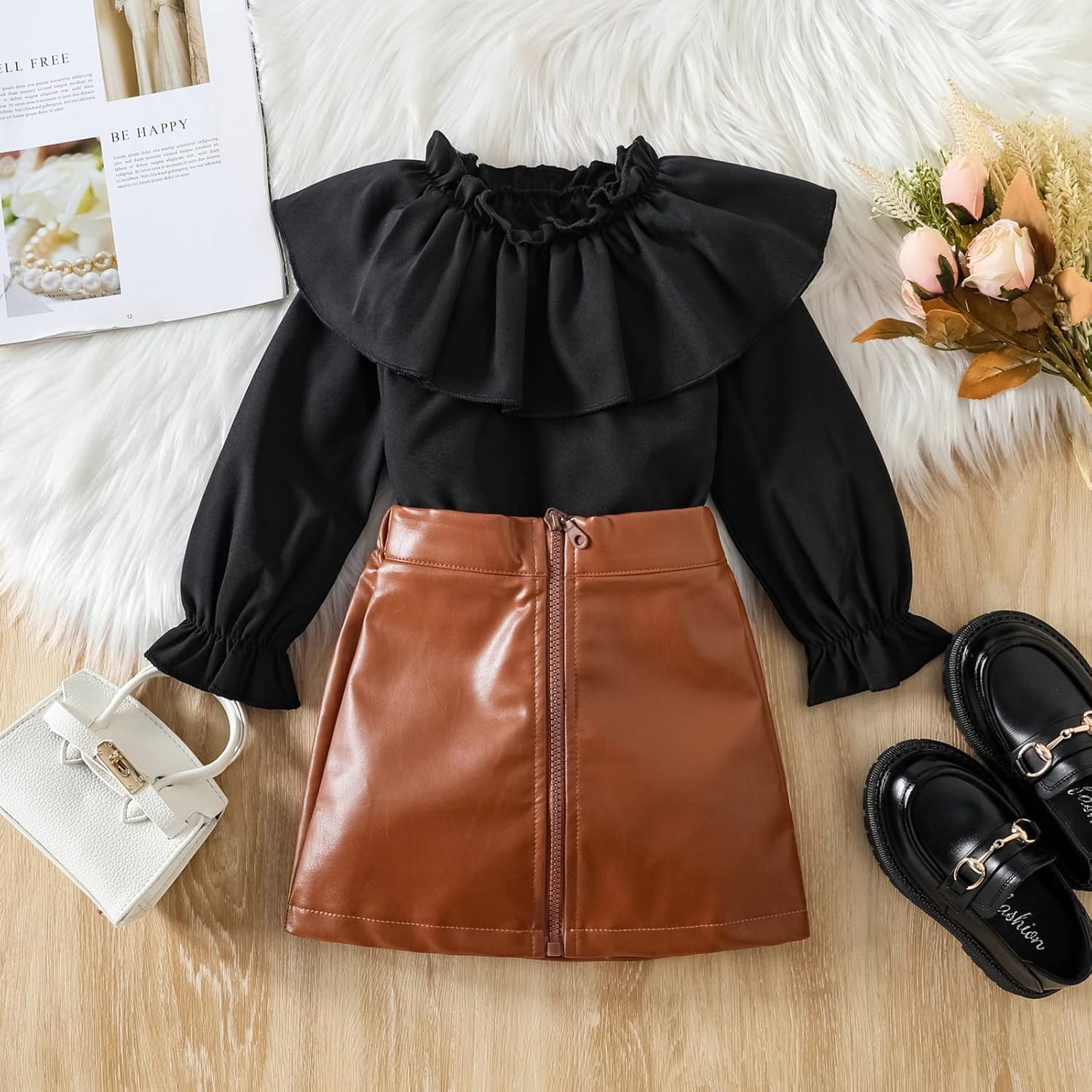 AnFengpu Leather Ruffle T-Shirts Skirts for Toddlers Kids 4-5 Years
