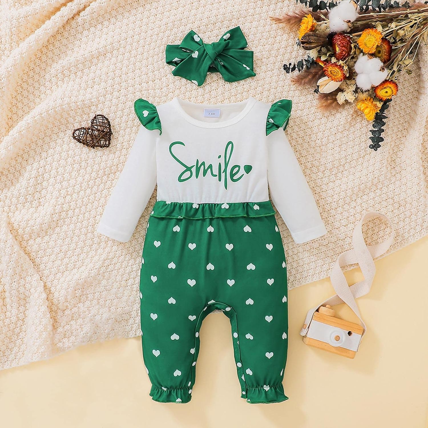 Infant Toddler Girls Long Sleeve Romper with Love Prints and Headband Costume